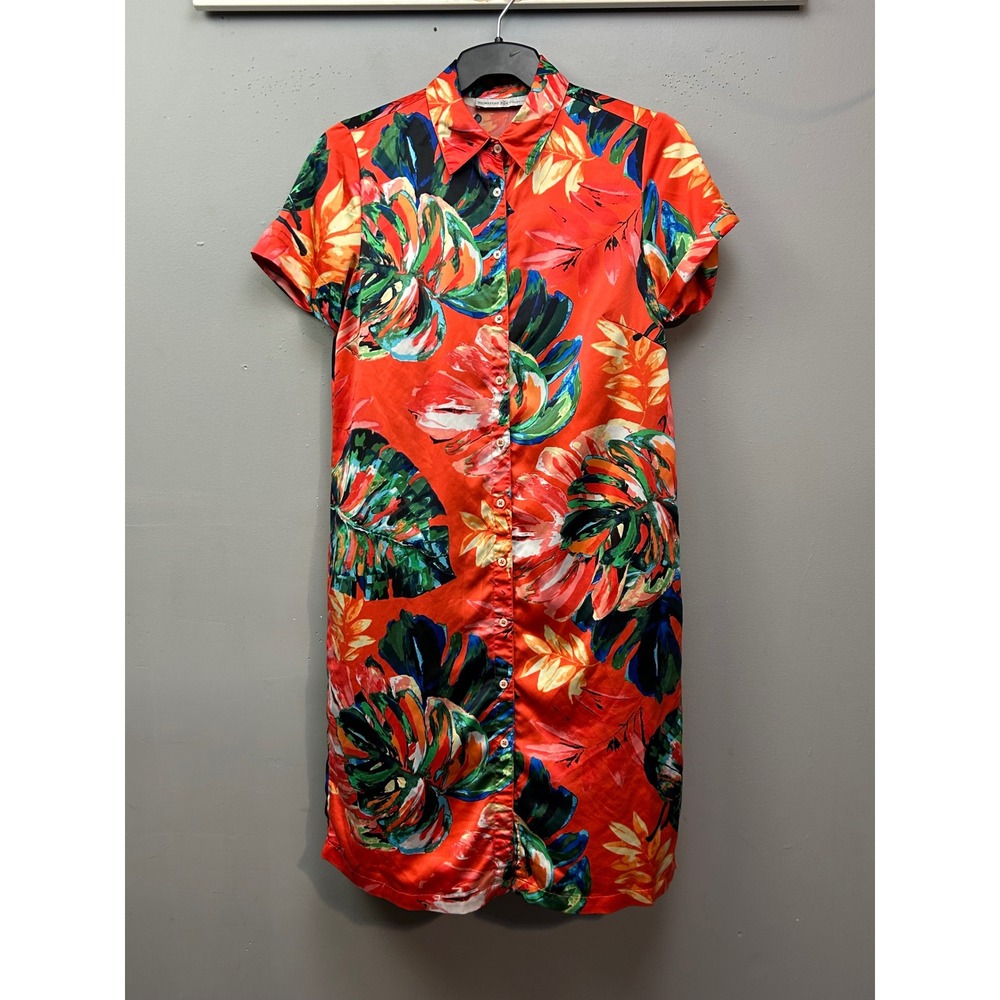 Signature Collection Shirt Dress Womens Medium Red Floral Tropical Button Up